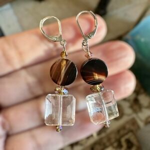 Vintage Artisan Drop Dangle Earrings 2 Inch Lever‎ Back Banded Agate Glass Beads